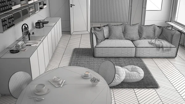 Nedokončený projekt zdravá sladká snídaně v moderní skandinávské kuchyně obývací pokoj, pohovka a velké okno, minimalistické bílé architektury interiérového designu — Stock fotografie