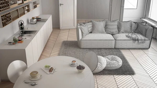 Onvoltooide project van gezond zoet ontbijt in moderne Scandinavische keuken woonkamer, sofa en grote venster, minimalistische witte architectuur interieur — Stockfoto