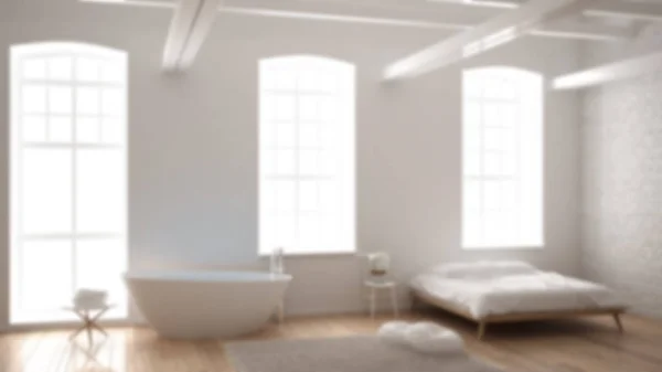 Blur background interior design, classic industrial modern bedroom with big windows, brick wall, parquet floor and bathtub, white and gray architecture interior design