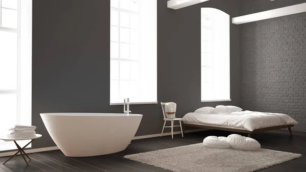古典工业现代卧室大窗, 砖墙, 实木复合地板和浴缸, 白色和灰色建筑室内设计 — 图库照片