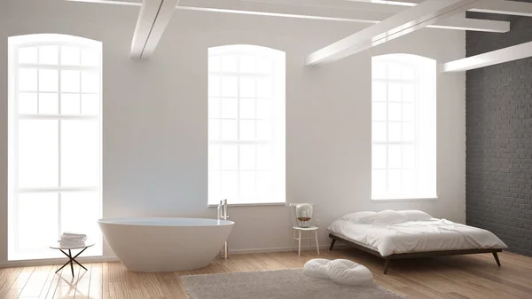 Classic industrial modern bedroom with big windows, brick wall, parquet floor and bathtub, white and gray architecture interior design