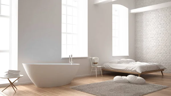 Dormitorio moderno industrial clásico con grandes ventanales, pared de ladrillo, suelo de parquet y bañera, diseño interior de arquitectura blanca —  Fotos de Stock