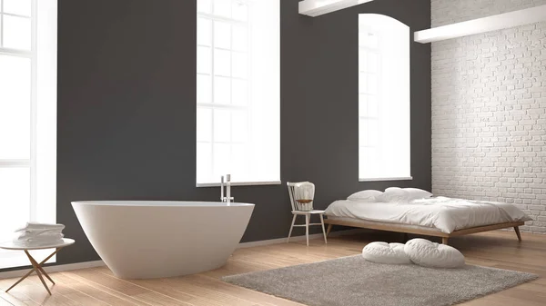 古典工业现代卧室大窗, 砖墙, 实木复合地板和浴缸, 白色和灰色建筑室内设计 — 图库照片