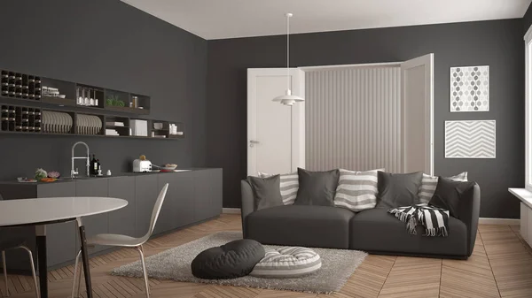 Σκανδιναβική Σύγχρονη καθιστικό δωμάτιο με κουζίνα, τραπεζαρία, καναπέ και χαλί με μαξιλάρια, μινιμαλιστικό λευκό και γκρι αρχιτεκτονικής διακόσμησης — Φωτογραφία Αρχείου