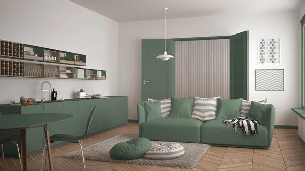 Scandinavische, moderne woonkamer met keuken, eettafel, Bank en tapijt met kussens, minimalistische witte en groene architectuur-interieur — Stockfoto