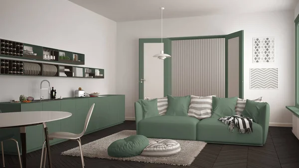 Sala de estar moderna escandinava con cocina, mesa de comedor, sofá y alfombra con almohadas, diseño interior minimalista de arquitectura blanca y verde —  Fotos de Stock