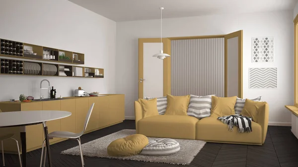 Salon scandinave moderne avec cuisine, table à manger, canapé et tapis avec oreillers, design intérieur minimaliste blanc et jaune — Photo