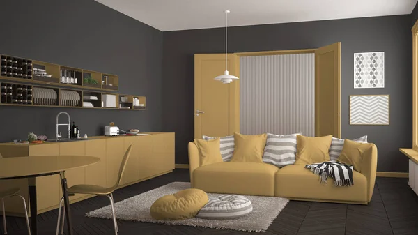 Sala de estar moderna escandinava con cocina, mesa de comedor, sofá y alfombra con almohadas, diseño interior minimalista de arquitectura blanca y amarilla —  Fotos de Stock