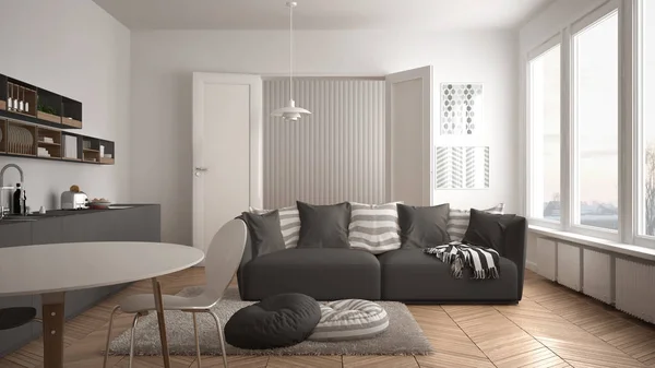 Soggiorno moderno scandinavo con cucina, tavolo da pranzo, divano e tappeto con cuscini, architettura minimalista bianca e grigia interior design — Foto Stock