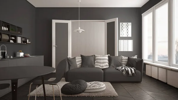 Скандинавські сучасних вітальня з кухнею, обідній стіл, диван і килим зі подушках, дизайн інтер'єру мінімалізм біло-сірою архітектури — стокове фото