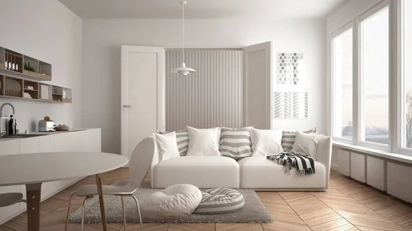 Skandynawskie nowoczesny salon z kuchnia, stół jadalny, kanapa i dywan z poduszkami, minimalistyczne białe architektura wnętrz — Zdjęcie stockowe