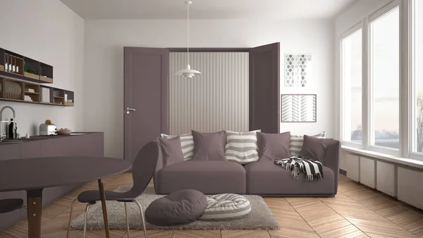 Sala de estar moderna escandinava con cocina, mesa de comedor, sofá y alfombra con almohadas, diseño interior minimalista de arquitectura blanca y roja — Foto de Stock
