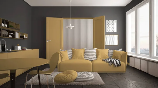 Skandynawskie nowoczesny salon z kuchnia, stół jadalny, kanapa i dywan z poduszkami, minimalistyczne białe i żółte architektura wnętrz — Zdjęcie stockowe