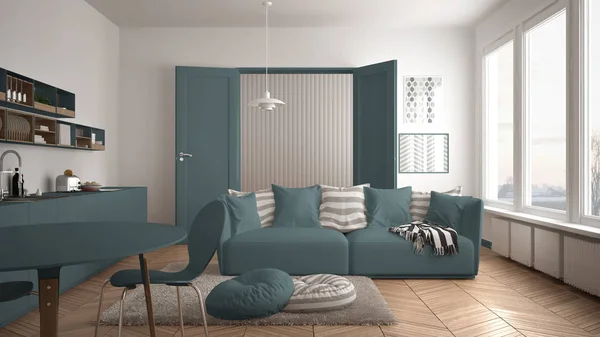 Скандинавская современная гостиная с кухней, обеденным столом, диваном и ковром с подушками, минималистская бело-синяя архитектура интерьера — стоковое фото