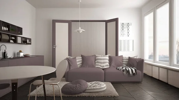 Skandynawskie nowoczesny salon z kuchnia, stół jadalny, kanapa i dywan z poduszkami, minimalistyczne białe i czerwone architektura wnętrz — Zdjęcie stockowe