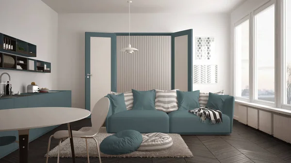 Скандинавская современная гостиная с кухней, обеденным столом, диваном и ковром с подушками, минималистская бело-синяя архитектура интерьера — стоковое фото