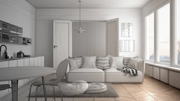 Projeto inacabado de sala de estar moderna escandinava com cozinha, mesa de jantar, sofá e tapete com almofadas, arquitetura branca minimalista design de interiores — Fotografia de Stock
