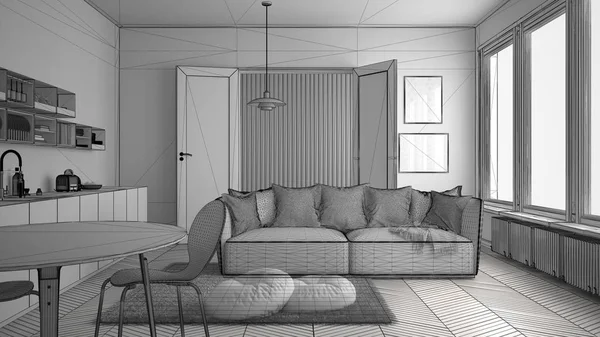 Ufærdigt projekt med skandinavisk moderne stue med køkken, spisebord, sofa og tæppe med puder, minimalistisk hvid arkitektur interiør design - Stock-foto