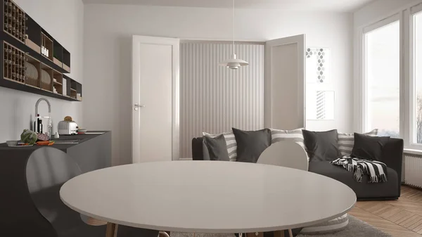 Skandinaviskt modernt vardagsrum med kök, matbord, soffa och matta med kuddar, vitt och grått minimalistisk inredning och design — Stockfoto