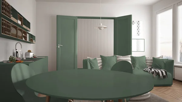 Skandynawskie nowoczesny salon z kuchnia, stół jadalny, kanapa i dywan z poduszkami, minimalistyczne białe i zielone architektura wnętrz — Zdjęcie stockowe