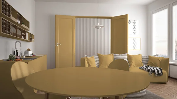 Скандинавская современная гостиная с кухней, обеденным столом, диваном и ковром с подушками, минималистская бело-желтая архитектура интерьера — стоковое фото