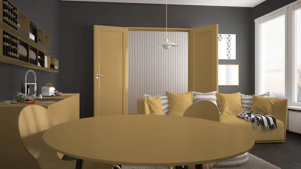 Skandynawskie nowoczesny salon z kuchnia, stół jadalny, kanapa i dywan z poduszkami, minimalistyczne białe i żółte architektura wnętrz — Zdjęcie stockowe