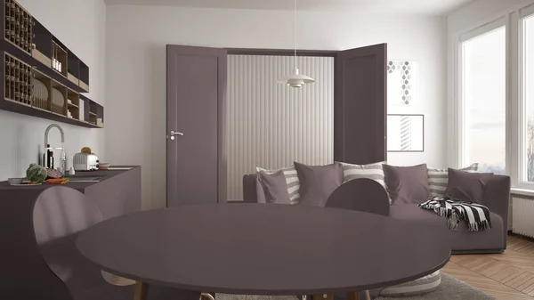 Soggiorno moderno scandinavo con cucina, tavolo da pranzo, divano e tappeto con cuscini, architettura minimalista bianca e rossa interior design — Foto Stock