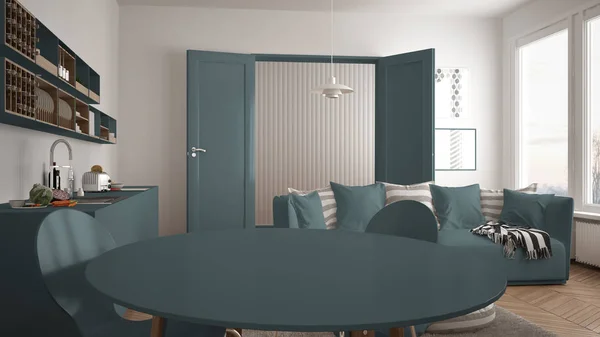 Scandinavische, moderne woonkamer met keuken, eettafel, Bank en tapijt met kussens, minimalistische witte en blauwe architectuur interieur — Stockfoto
