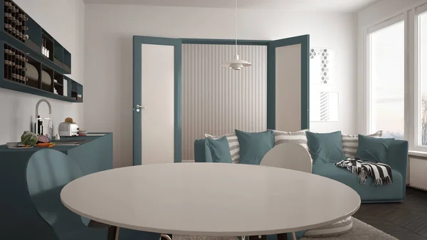 Sala de estar moderna escandinava com cozinha, mesa de jantar, sofá e tapete com almofadas, arquitetura minimalista branco e azul design de interiores — Fotografia de Stock