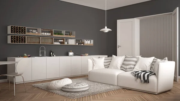 Scandinavische, moderne woonkamer met keuken, eettafel, Bank en tapijt met kussens, minimalistische witte en grijze architectuur interieur — Stockfoto