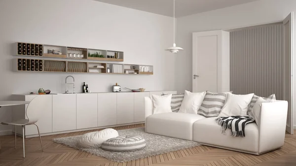 Scandinavische, moderne woonkamer met keuken, eettafel, Bank en tapijt met kussens, minimalistische witte architectuur interieur — Stockfoto