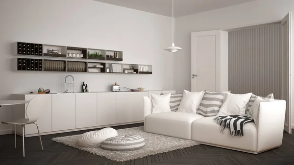 Skandynawskie nowoczesny salon z kuchnia, stół jadalny, kanapa i dywan z poduszkami, minimalistyczne białe i szare architektura wnętrz — Zdjęcie stockowe