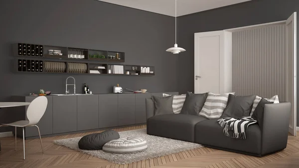 Scandinavische, moderne woonkamer met keuken, eettafel, Bank en tapijt met kussens, minimalistische witte en grijze architectuur interieur — Stockfoto