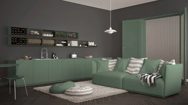 Sala de estar moderna escandinava con cocina, mesa de comedor, sofá y alfombra con almohadas, diseño interior minimalista de arquitectura blanca y verde —  Fotos de Stock
