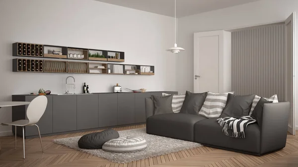 Skandinávská moderní obývací pokoj s kuchyní, jídelní stůl, pohovku a koberec s polštáři, minimalistické bílé a šedé architektura interiérového designu — Stock fotografie