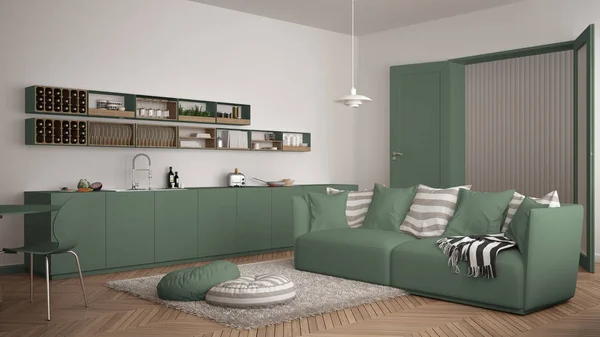Scandinavische, moderne woonkamer met keuken, eettafel, Bank en tapijt met kussens, minimalistische witte en groene architectuur-interieur — Stockfoto