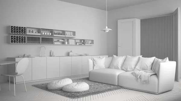 Загальний білий проект скандинавської сучасної вітальні з кухнею, обіднім столом, диваном і килимом з подушками, мінімалістичний дизайн інтер'єру білої архітектури — стокове фото
