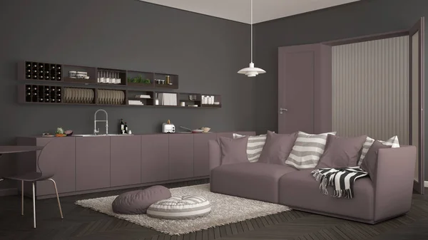 Sala de estar moderna escandinava com cozinha, mesa de jantar, sofá e tapete com almofadas, arquitetura minimalista branco e vermelho design de interiores — Fotografia de Stock