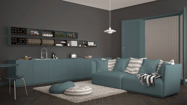 Skandynawskie nowoczesny salon z kuchnia, stół jadalny, kanapa i dywan z poduszkami, minimalistyczne białe i niebieskie architektura wnętrz — Zdjęcie stockowe