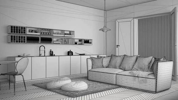 Onvoltooide project van Scandinavische, moderne woonkamer met keuken, eettafel, Bank en tapijt met kussens, minimalistische witte architectuur interieur — Stockfoto