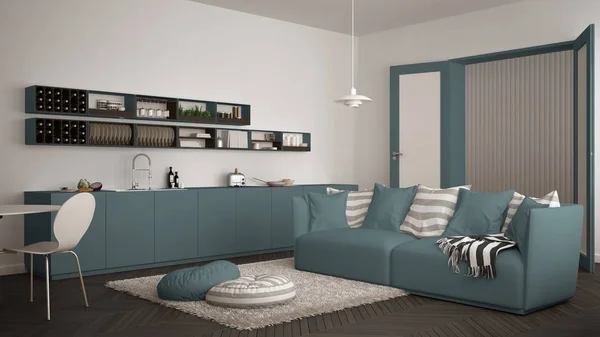 Skandynawskie nowoczesny salon z kuchnia, stół jadalny, kanapa i dywan z poduszkami, minimalistyczne białe i niebieskie architektura wnętrz — Zdjęcie stockowe