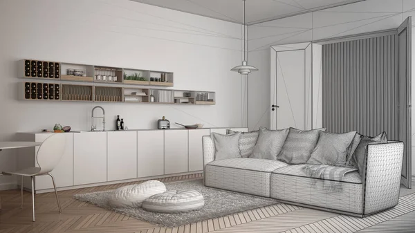 Oavslutat projekt av skandinaviska moderna vardagsrum med kök, matbord, soffa och matta med kuddar, vit minimalistisk inredning och design — Stockfoto