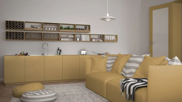 Σκανδιναβική Σύγχρονη καθιστικό δωμάτιο με κουζίνα, καναπέ και χαλί με μαξιλάρια, μινιμαλιστικό λευκό και κίτρινο αρχιτεκτονική διακόσμηση — Φωτογραφία Αρχείου