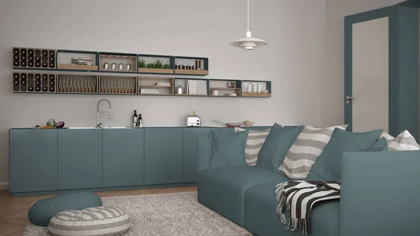 Скандинавская современная гостиная с кухней, диваном и ковром с подушками, минималистская бело-голубая архитектура интерьера — стоковое фото