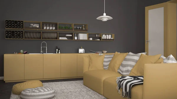 Sala de estar moderna escandinava con cocina, sofá y alfombra con almohadas, diseño interior minimalista de arquitectura blanca y amarilla —  Fotos de Stock