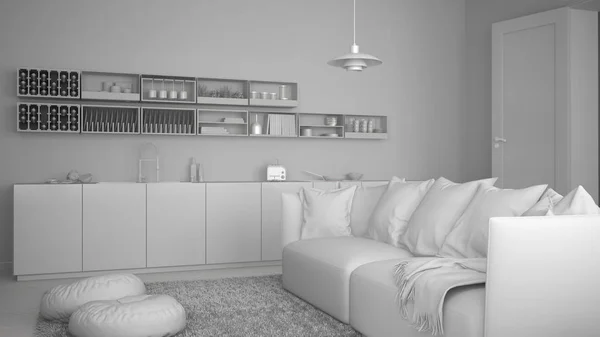 Celkový bílé projekt skandinávské moderního obývacího pokoje s kuchyní, pohovku a koberec s polštáři, minimalistické bílé architektury interiérového designu — Stock fotografie