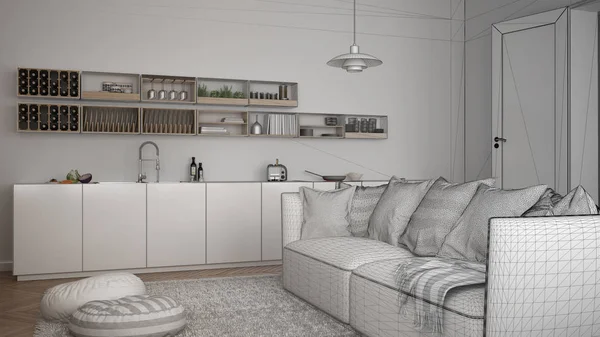 Onvoltooide project van Scandinavische, moderne woonkamer met keuken, Bank en tapijt met kussens, minimalistische witte architectuur interieur — Stockfoto