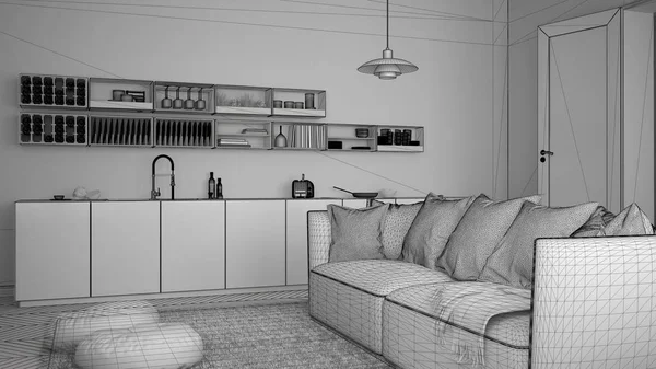 Unfinished project of scandinavian modern living room with kitchen, sofa and rug with pillows, minimalist white architecture interior design — Stock Photo, Image