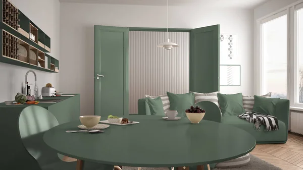 Café da manhã doce saudável na moderna cozinha escandinava sala de estar, sofá e grande janela, arquitetura branca e verde design de interiores — Fotografia de Stock