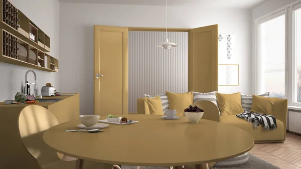 Υγιή γλυκό πρωινό στη σύγχρονη σκανδιναβική κουζίνα σαλόνι, καναπέ και μεγάλο παράθυρο, λευκό και κίτρινο αρχιτεκτονική διακόσμηση — Φωτογραφία Αρχείου